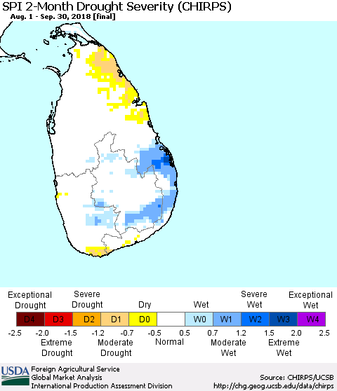 Sri Lanka SPI 2-Month Drought Severity (CHIRPS) Thematic Map For 8/1/2018 - 9/30/2018