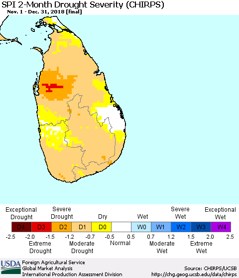 Sri Lanka SPI 2-Month Drought Severity (CHIRPS) Thematic Map For 11/1/2018 - 12/31/2018