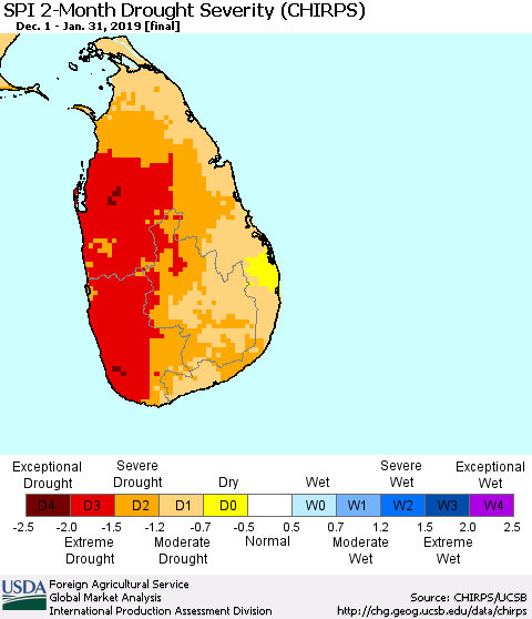 Sri Lanka SPI 2-Month Drought Severity (CHIRPS) Thematic Map For 12/1/2018 - 1/31/2019