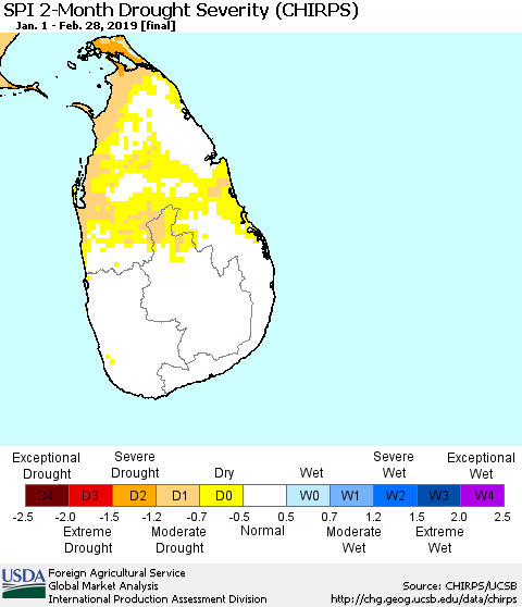 Sri Lanka SPI 2-Month Drought Severity (CHIRPS) Thematic Map For 1/1/2019 - 2/28/2019