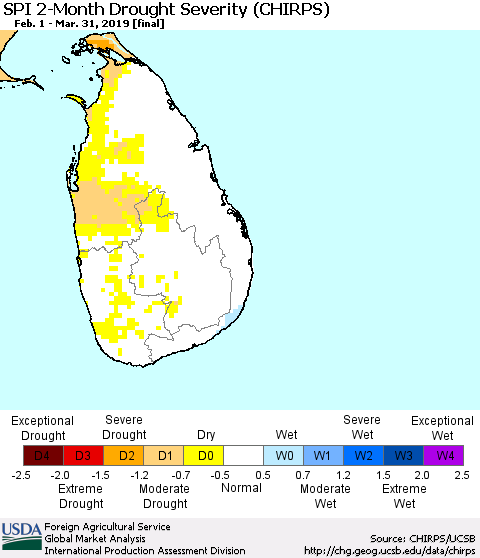 Sri Lanka SPI 2-Month Drought Severity (CHIRPS) Thematic Map For 2/1/2019 - 3/31/2019