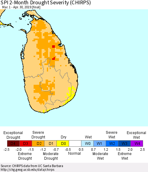 Sri Lanka SPI 2-Month Drought Severity (CHIRPS) Thematic Map For 3/1/2019 - 4/30/2019