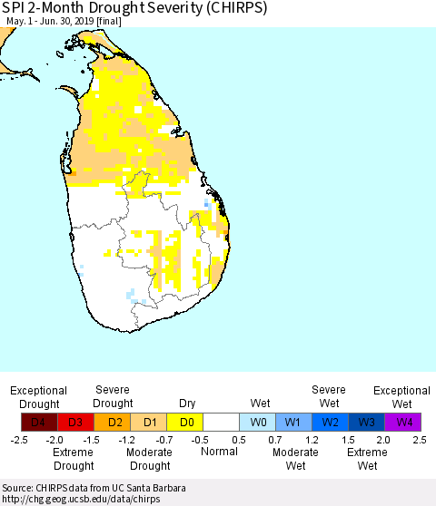 Sri Lanka SPI 2-Month Drought Severity (CHIRPS) Thematic Map For 5/1/2019 - 6/30/2019