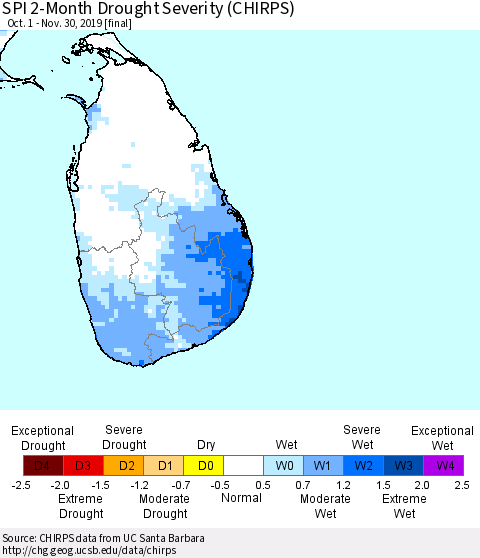 Sri Lanka SPI 2-Month Drought Severity (CHIRPS) Thematic Map For 10/1/2019 - 11/30/2019