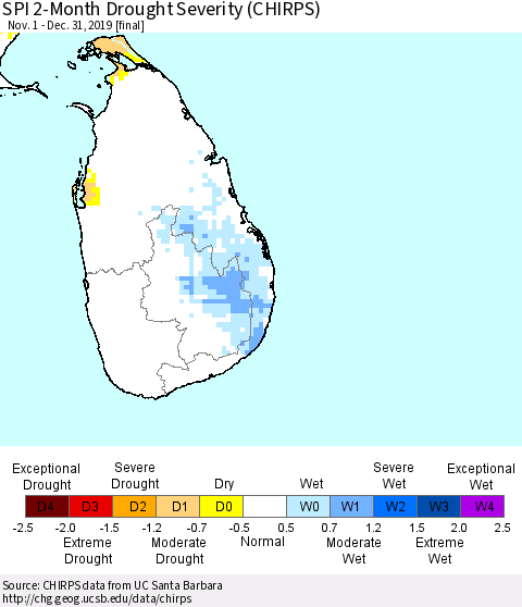Sri Lanka SPI 2-Month Drought Severity (CHIRPS) Thematic Map For 11/1/2019 - 12/31/2019