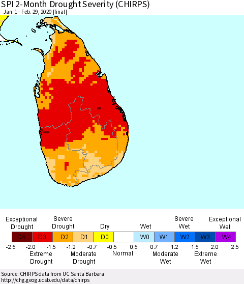 Sri Lanka SPI 2-Month Drought Severity (CHIRPS) Thematic Map For 1/1/2020 - 2/29/2020