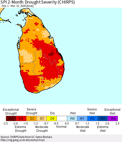 Sri Lanka SPI 2-Month Drought Severity (CHIRPS) Thematic Map For 2/1/2020 - 3/31/2020