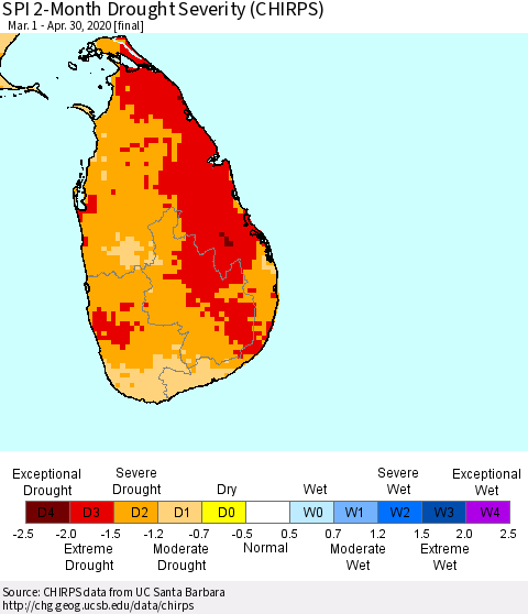 Sri Lanka SPI 2-Month Drought Severity (CHIRPS) Thematic Map For 3/1/2020 - 4/30/2020