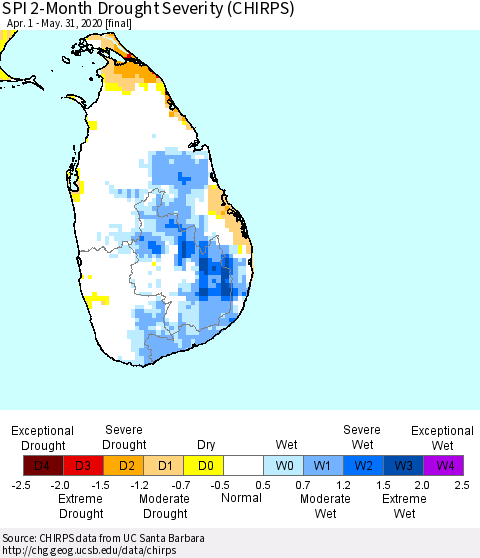 Sri Lanka SPI 2-Month Drought Severity (CHIRPS) Thematic Map For 4/1/2020 - 5/31/2020