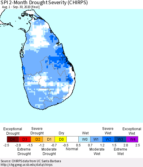 Sri Lanka SPI 2-Month Drought Severity (CHIRPS) Thematic Map For 8/1/2020 - 9/30/2020