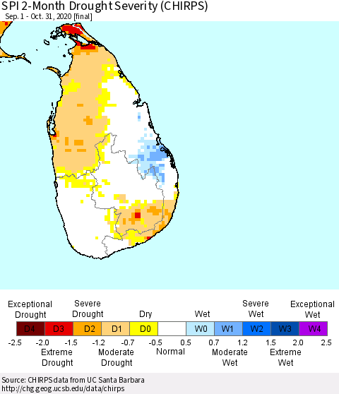 Sri Lanka SPI 2-Month Drought Severity (CHIRPS) Thematic Map For 9/1/2020 - 10/31/2020