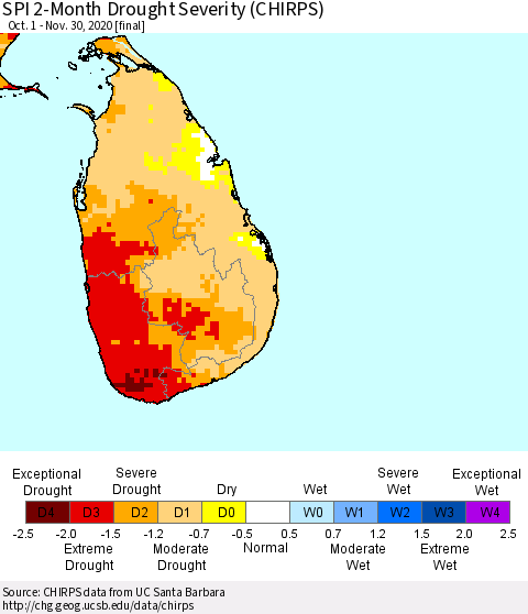 Sri Lanka SPI 2-Month Drought Severity (CHIRPS) Thematic Map For 10/1/2020 - 11/30/2020