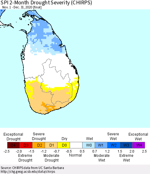 Sri Lanka SPI 2-Month Drought Severity (CHIRPS) Thematic Map For 11/1/2020 - 12/31/2020