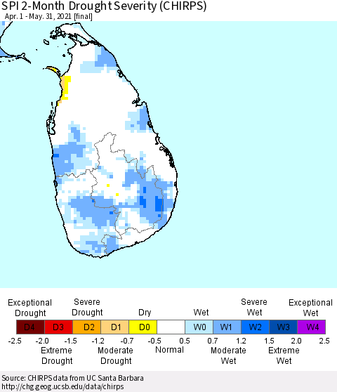 Sri Lanka SPI 2-Month Drought Severity (CHIRPS) Thematic Map For 4/1/2021 - 5/31/2021