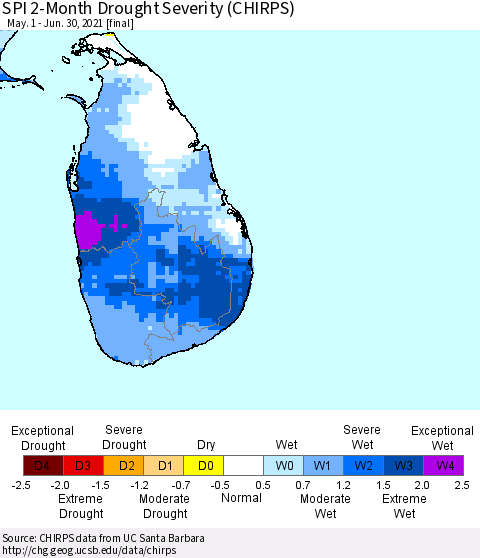 Sri Lanka SPI 2-Month Drought Severity (CHIRPS) Thematic Map For 5/1/2021 - 6/30/2021