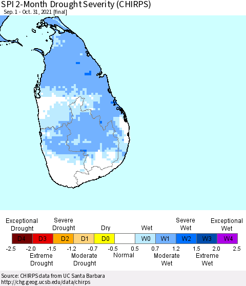 Sri Lanka SPI 2-Month Drought Severity (CHIRPS) Thematic Map For 9/1/2021 - 10/31/2021