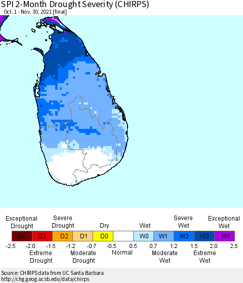 Sri Lanka SPI 2-Month Drought Severity (CHIRPS) Thematic Map For 10/1/2021 - 11/30/2021