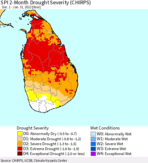Sri Lanka SPI 2-Month Drought Severity (CHIRPS) Thematic Map For 12/1/2021 - 1/31/2022