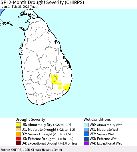 Sri Lanka SPI 2-Month Drought Severity (CHIRPS) Thematic Map For 1/1/2022 - 2/28/2022