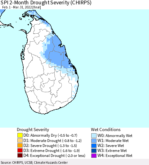 Sri Lanka SPI 2-Month Drought Severity (CHIRPS) Thematic Map For 2/1/2022 - 3/31/2022