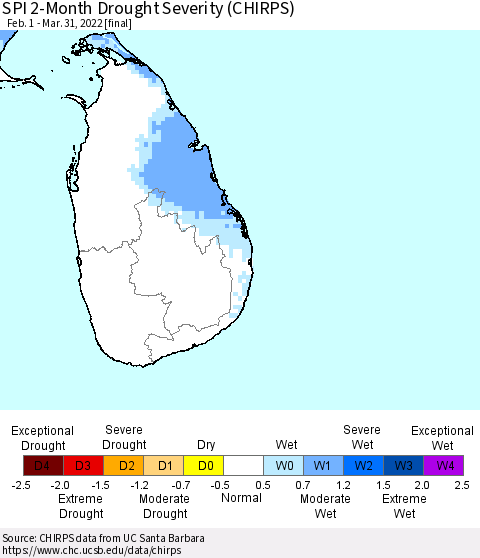 Sri Lanka SPI 2-Month Drought Severity (CHIRPS) Thematic Map For 2/1/2022 - 3/31/2022