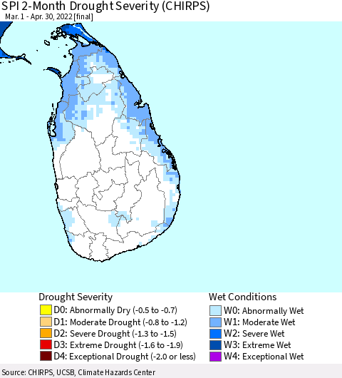 Sri Lanka SPI 2-Month Drought Severity (CHIRPS) Thematic Map For 3/1/2022 - 4/30/2022