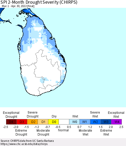 Sri Lanka SPI 2-Month Drought Severity (CHIRPS) Thematic Map For 3/1/2022 - 4/30/2022