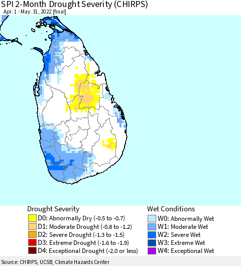 Sri Lanka SPI 2-Month Drought Severity (CHIRPS) Thematic Map For 4/1/2022 - 5/31/2022