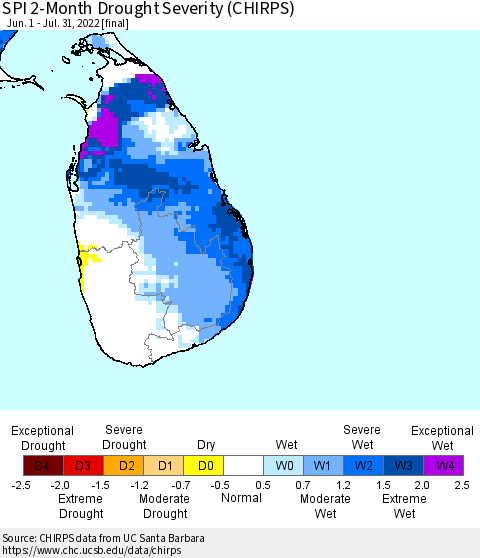 Sri Lanka SPI 2-Month Drought Severity (CHIRPS) Thematic Map For 6/1/2022 - 7/31/2022
