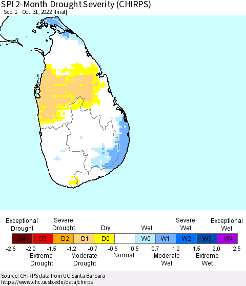 Sri Lanka SPI 2-Month Drought Severity (CHIRPS) Thematic Map For 9/1/2022 - 10/31/2022