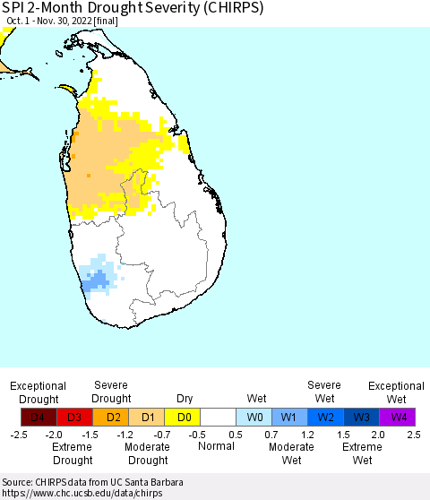 Sri Lanka SPI 2-Month Drought Severity (CHIRPS) Thematic Map For 10/1/2022 - 11/30/2022