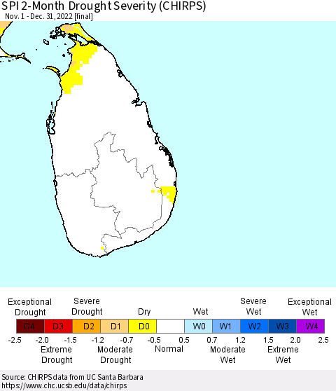 Sri Lanka SPI 2-Month Drought Severity (CHIRPS) Thematic Map For 11/1/2022 - 12/31/2022