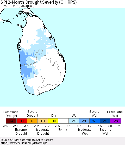 Sri Lanka SPI 2-Month Drought Severity (CHIRPS) Thematic Map For 12/1/2022 - 1/31/2023