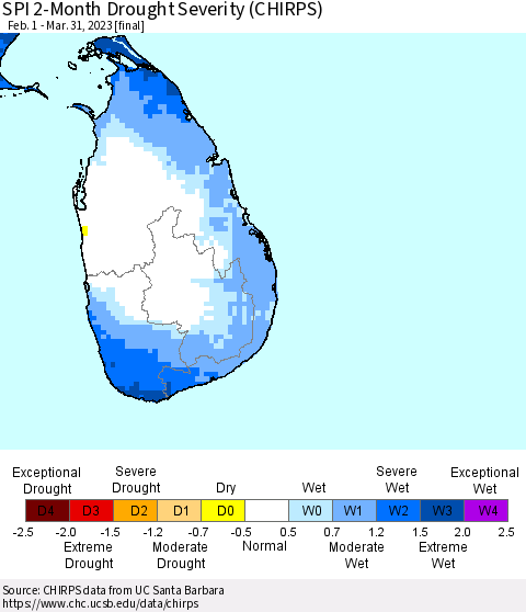 Sri Lanka SPI 2-Month Drought Severity (CHIRPS) Thematic Map For 2/1/2023 - 3/31/2023