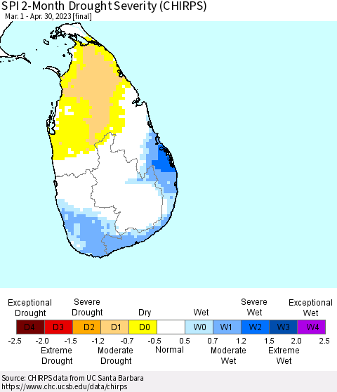 Sri Lanka SPI 2-Month Drought Severity (CHIRPS) Thematic Map For 3/1/2023 - 4/30/2023