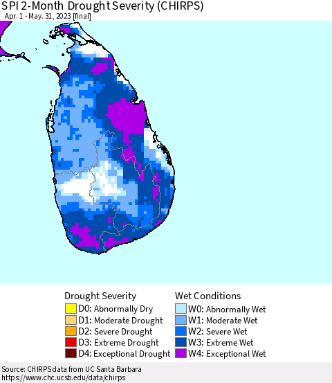 Sri Lanka SPI 2-Month Drought Severity (CHIRPS) Thematic Map For 4/1/2023 - 5/31/2023