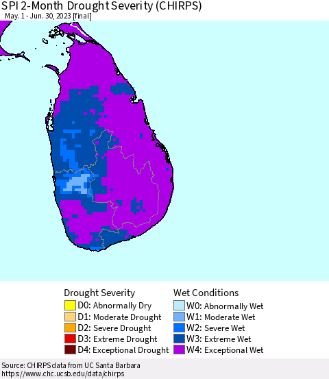 Sri Lanka SPI 2-Month Drought Severity (CHIRPS) Thematic Map For 5/1/2023 - 6/30/2023