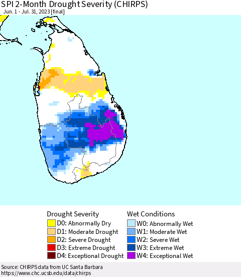 Sri Lanka SPI 2-Month Drought Severity (CHIRPS) Thematic Map For 6/1/2023 - 7/31/2023