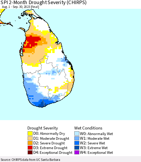 Sri Lanka SPI 2-Month Drought Severity (CHIRPS) Thematic Map For 8/1/2023 - 9/30/2023