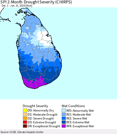 Sri Lanka SPI 2-Month Drought Severity (CHIRPS) Thematic Map For 12/1/2023 - 1/31/2024