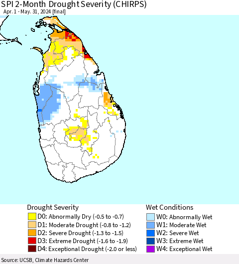 Sri Lanka SPI 2-Month Drought Severity (CHIRPS) Thematic Map For 4/1/2024 - 5/31/2024