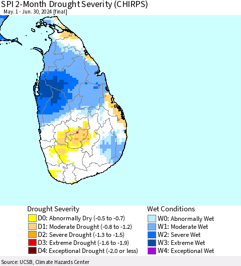Sri Lanka SPI 2-Month Drought Severity (CHIRPS) Thematic Map For 5/1/2024 - 6/30/2024