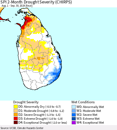 Sri Lanka SPI 2-Month Drought Severity (CHIRPS) Thematic Map For 8/1/2024 - 9/30/2024