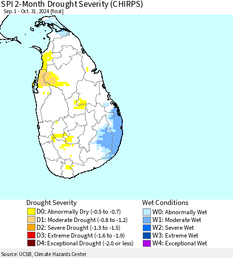 Sri Lanka SPI 2-Month Drought Severity (CHIRPS) Thematic Map For 9/1/2024 - 10/31/2024