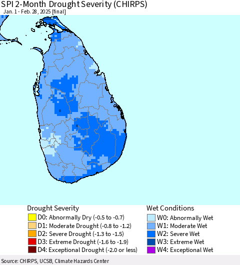 Sri Lanka SPI 2-Month Drought Severity (CHIRPS) Thematic Map For 1/1/2025 - 2/28/2025