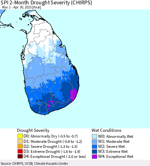 Sri Lanka SPI 2-Month Drought Severity (CHIRPS) Thematic Map For 3/1/2025 - 4/30/2025