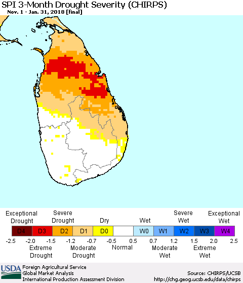 Sri Lanka SPI 3-Month Drought Severity (CHIRPS) Thematic Map For 11/1/2017 - 1/31/2018