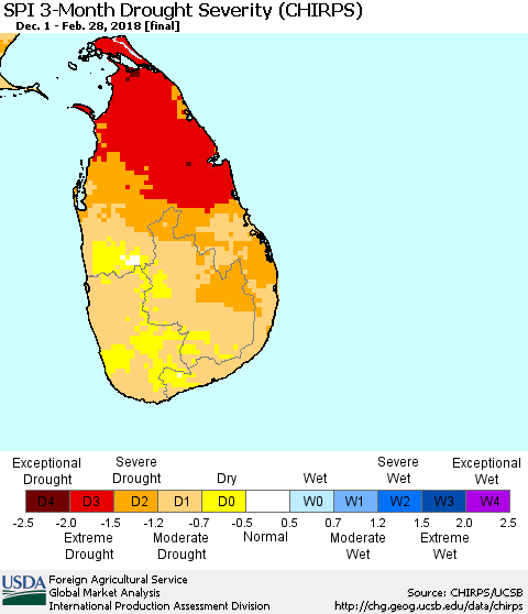 Sri Lanka SPI 3-Month Drought Severity (CHIRPS) Thematic Map For 12/1/2017 - 2/28/2018