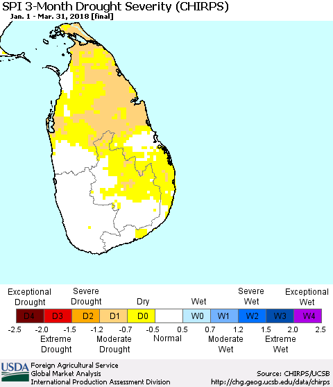 Sri Lanka SPI 3-Month Drought Severity (CHIRPS) Thematic Map For 1/1/2018 - 3/31/2018