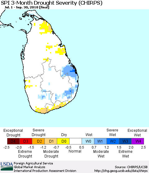 Sri Lanka SPI 3-Month Drought Severity (CHIRPS) Thematic Map For 7/1/2018 - 9/30/2018